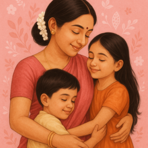 An Indian Mother with son and daughter n art form