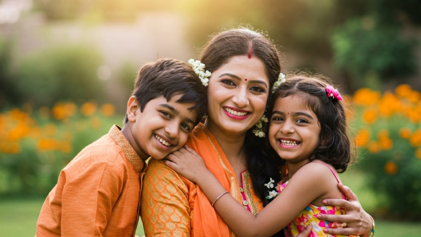 Indian Mother with son and daughter in a park