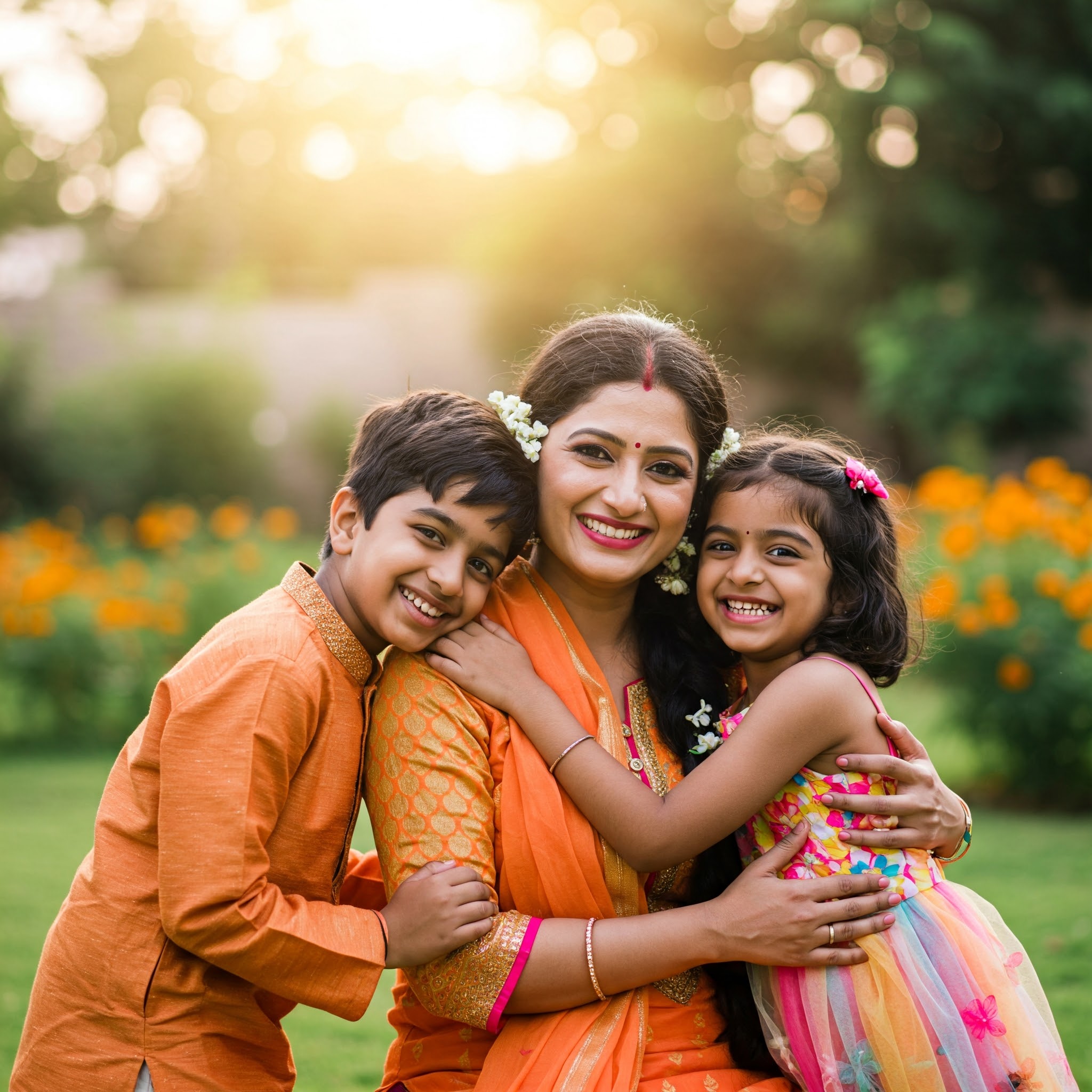Indian Mother with son and daughter in a park