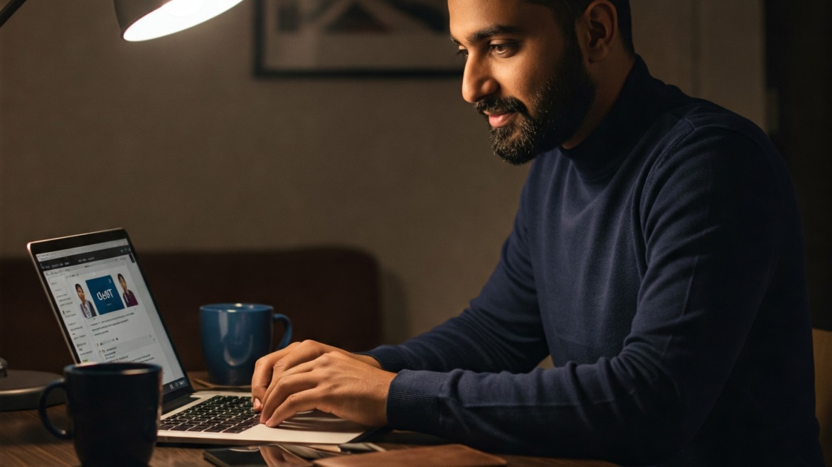 A man in blue tfull hands t-shirt typing prompts in a laptop