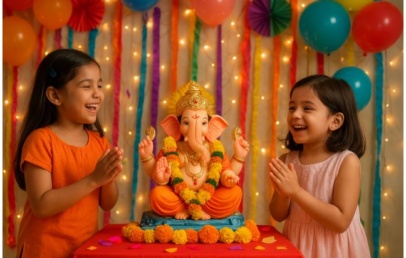 children standing in front of Ganesha and having fun. Please decorate how the birthdays are being celebrated.
