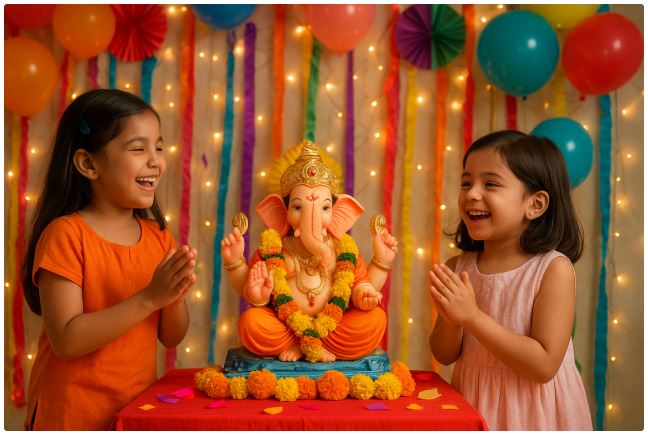 children standing in front of Ganesha and having fun. Please decorate how the birthdays are being celebrated.
